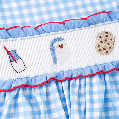 Girls Christmas Santa Cookies Embroidery Smock Blue Plaid Dress