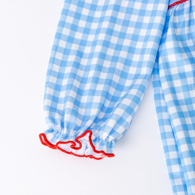 Girls Christmas Santa Cookies Embroidery Smock Blue Plaid Dress