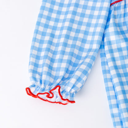Girls Christmas Santa Cookies Embroidery Smock Blue Plaid Dress