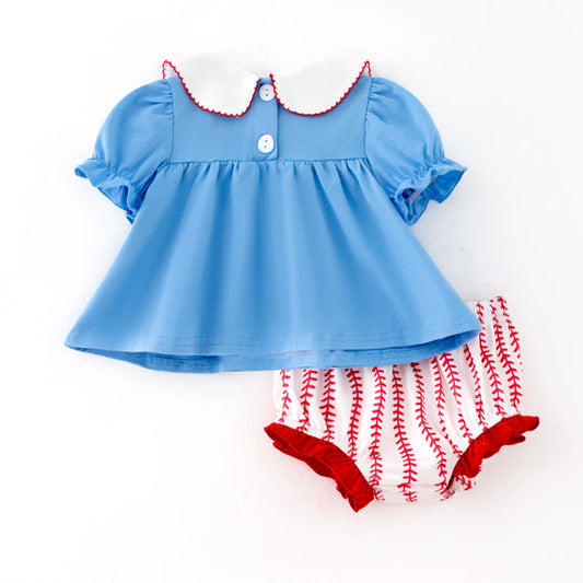 Baby Girls Summer Baseball Embroidered Romper Set