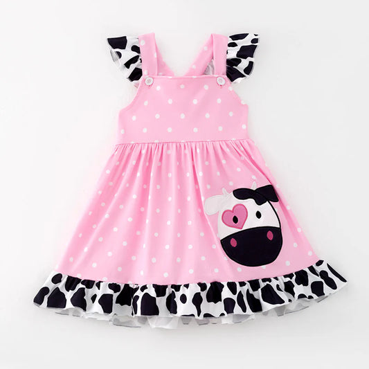 Girls Summer Cow Applique Pink Farm Dress