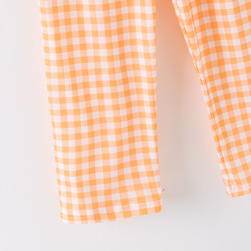 Boys Halloween 2 Pieces Outfit-Pumpkin Embroidery Top & Orange Plaid Pant