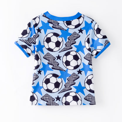 Boys Summer Football Print Blue Short Sleeves Pocket Top