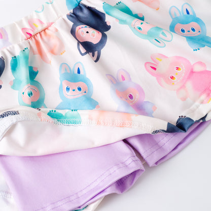 Girls 2 Pieces Fall Summer Labubu Print Top & Athletic Skirt Set
