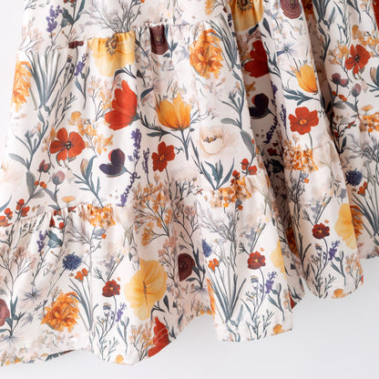 Girls Fall Autumn Floral Print Ruffled Patchwork Dress