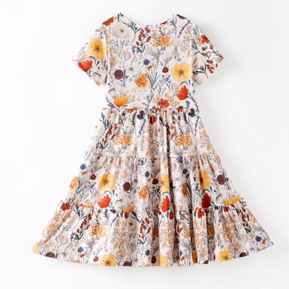 Girls Fall Autumn Floral Print Ruffled Patchwork Dress