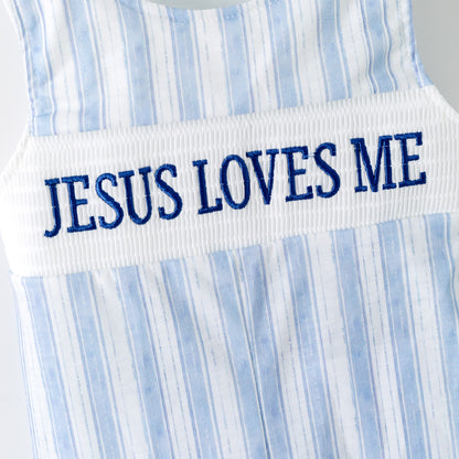 Sibling Kids Fall Blue Floral JESUS LOVES ME Smocked Embroidery Outfits