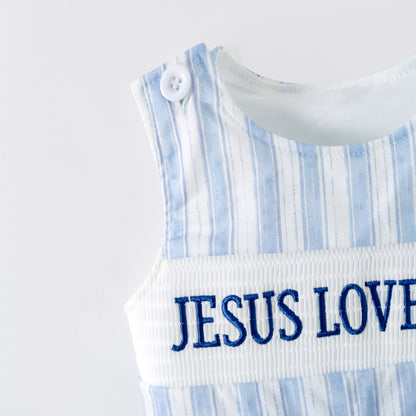 Sibling Kids Fall Blue Floral JESUS LOVES ME Smocked Embroidery Outfits