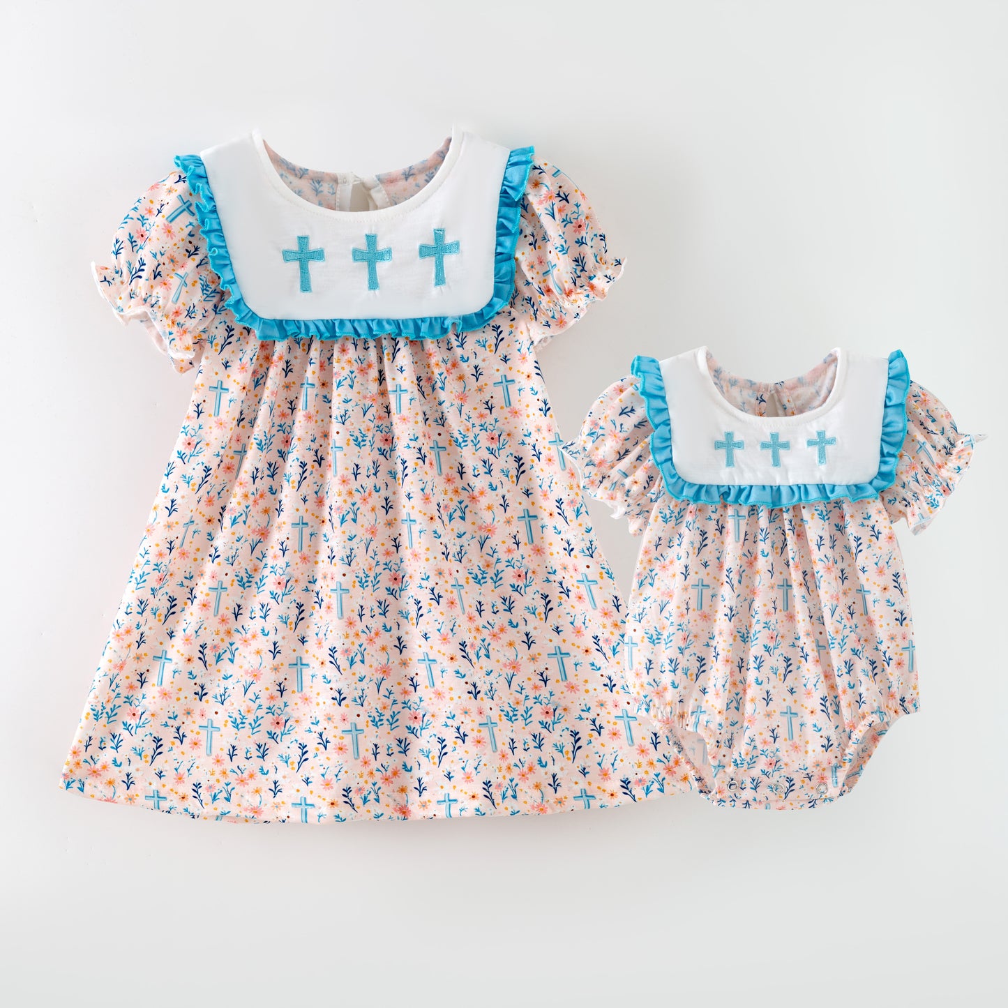 Girls Sister Fall Blue Floral Cross Embroibery Sibling Clothes