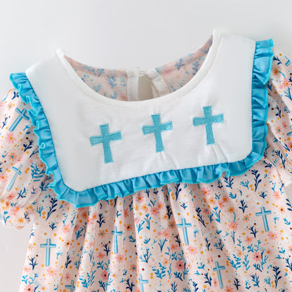 Girls Sister Fall Blue Floral Cross Embroibery Sibling Clothes