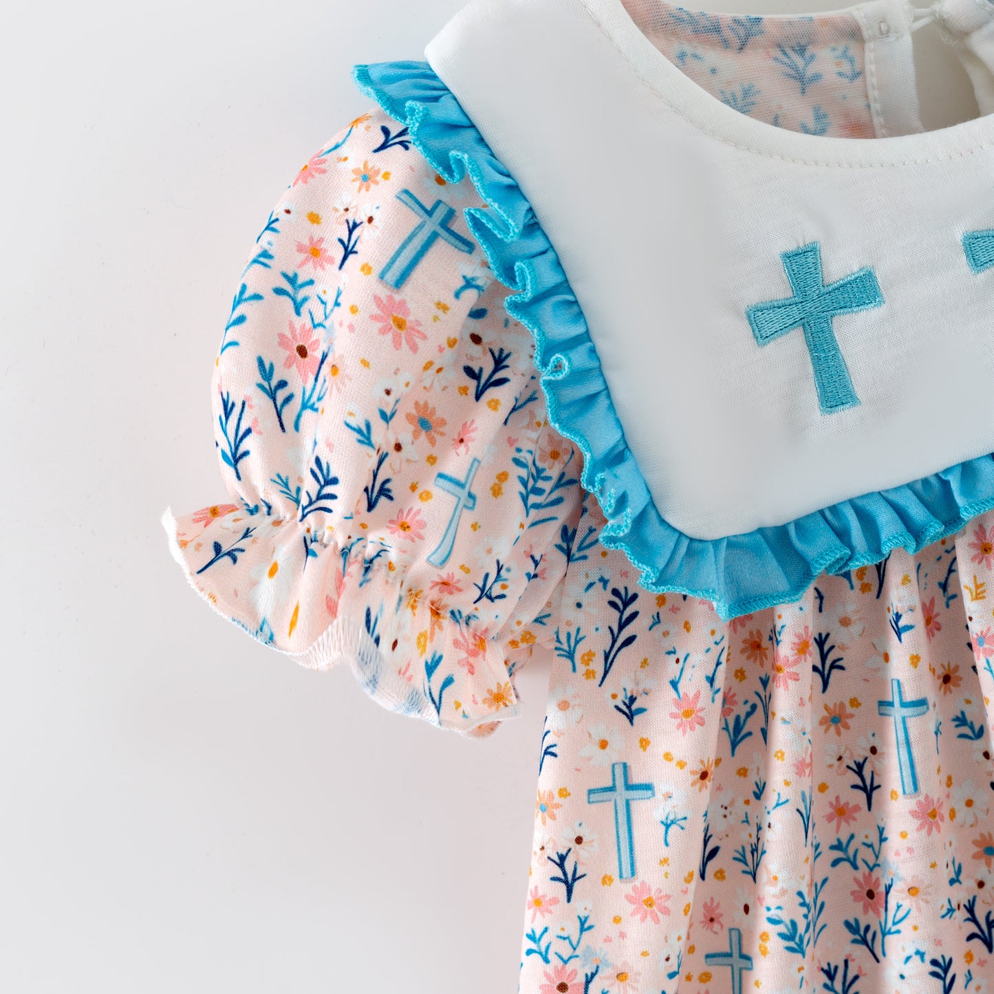 Girls Sister Fall Blue Floral Cross Embroibery Sibling Clothes