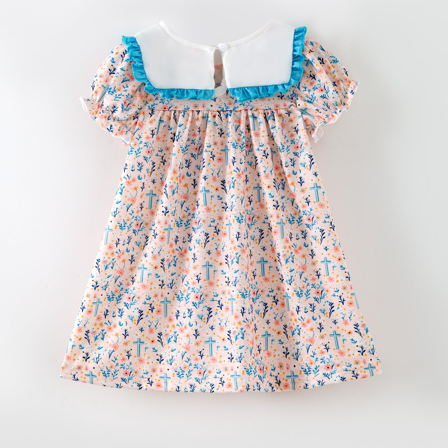 Girls Sister Fall Blue Floral Cross Embroibery Sibling Clothes