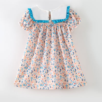 Girls Sister Fall Blue Floral Cross Embroibery Sibling Clothes