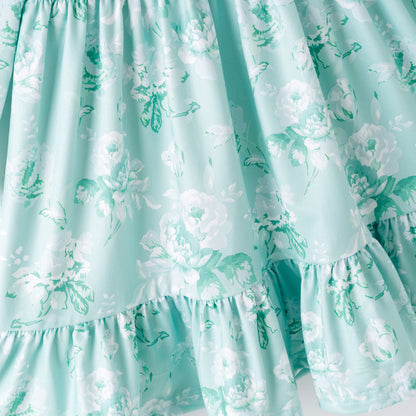 Girls Fall Autumn Blue Floral Print Ruffled Long Sleeves Dress