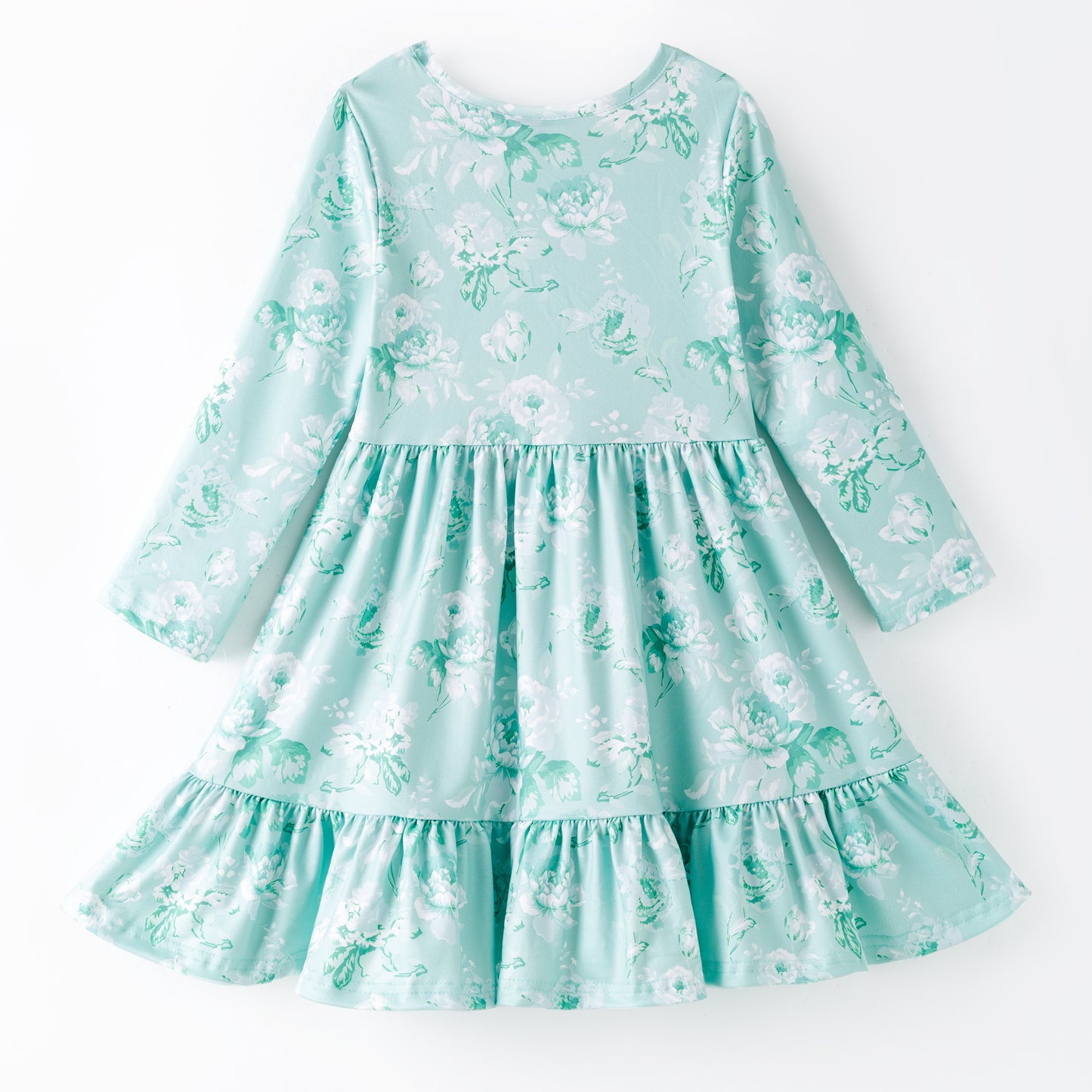Girls Fall Autumn Blue Floral Print Ruffled Long Sleeves Dress