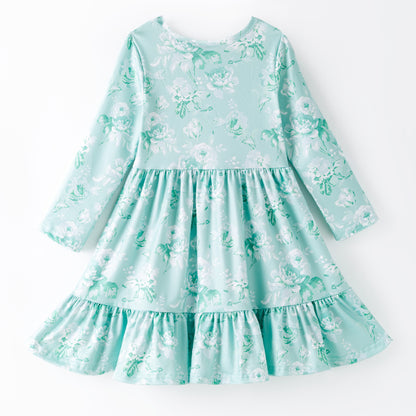 Girls Fall Autumn Blue Floral Print Ruffled Long Sleeves Dress