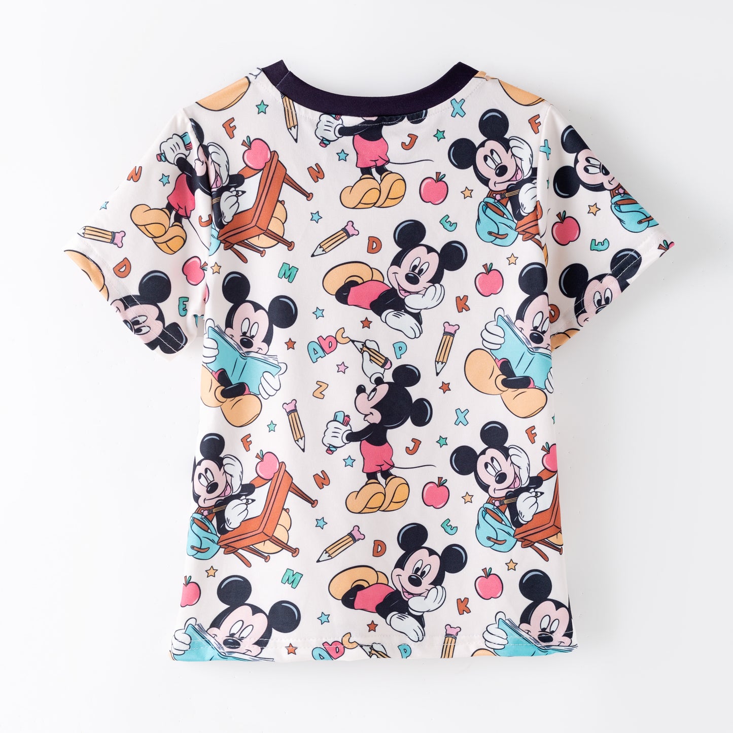 Boys Summer School Apple Cartoon Mouse Print Short Sleeves Top