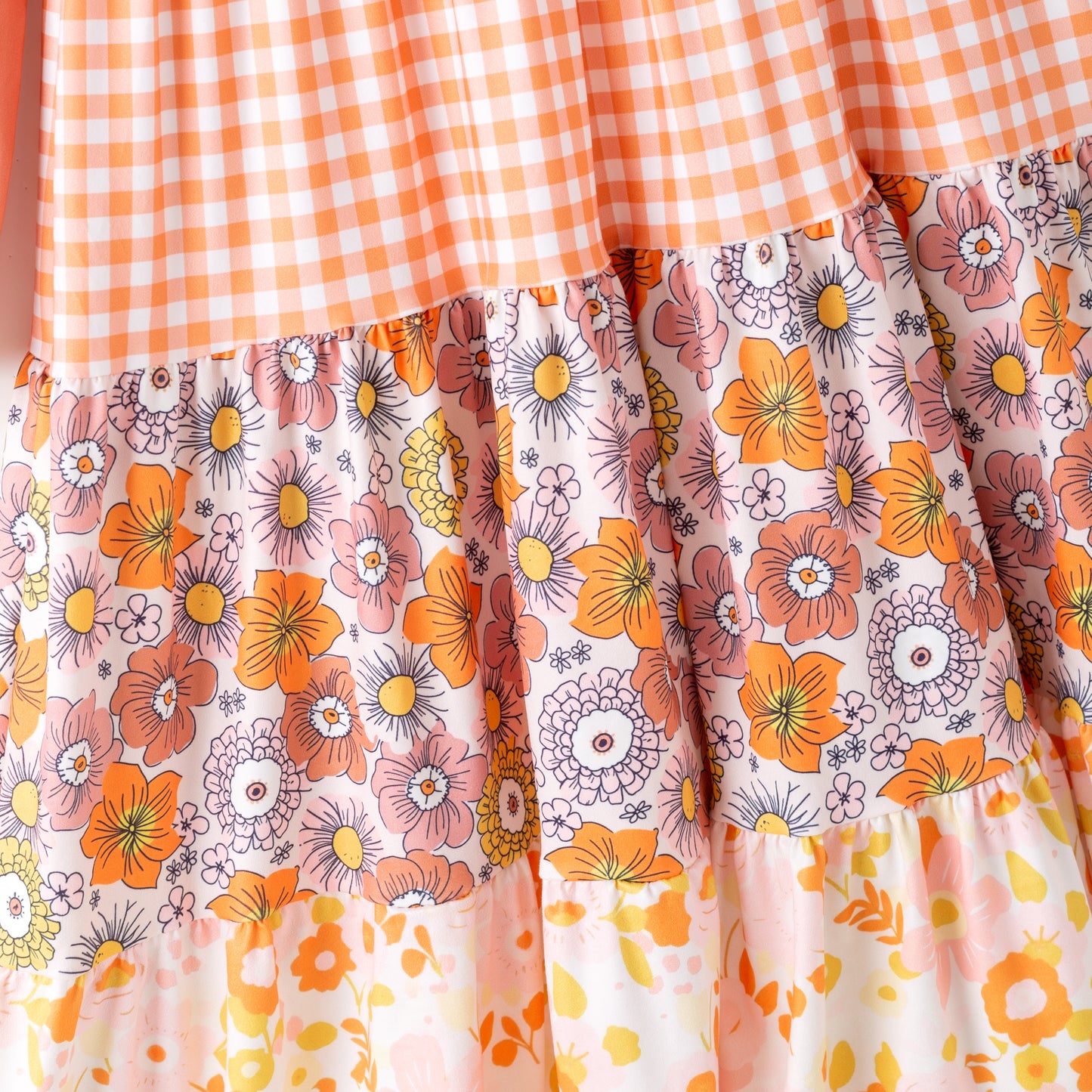 Girls Fall Autumn Orange Plaid Floral Print Ruffled Long Sleeves Dress