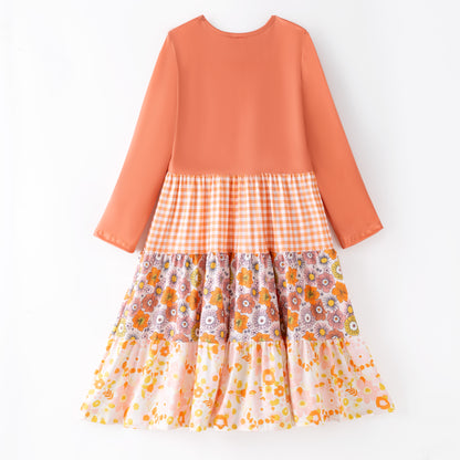Girls Fall Autumn Orange Plaid Floral Print Ruffled Long Sleeves Dress