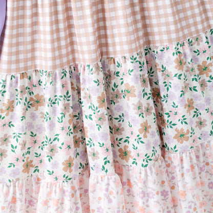 Girls Fall Autumn Lavender Plaid Floral Print Ruffled Long Sleeves Dress