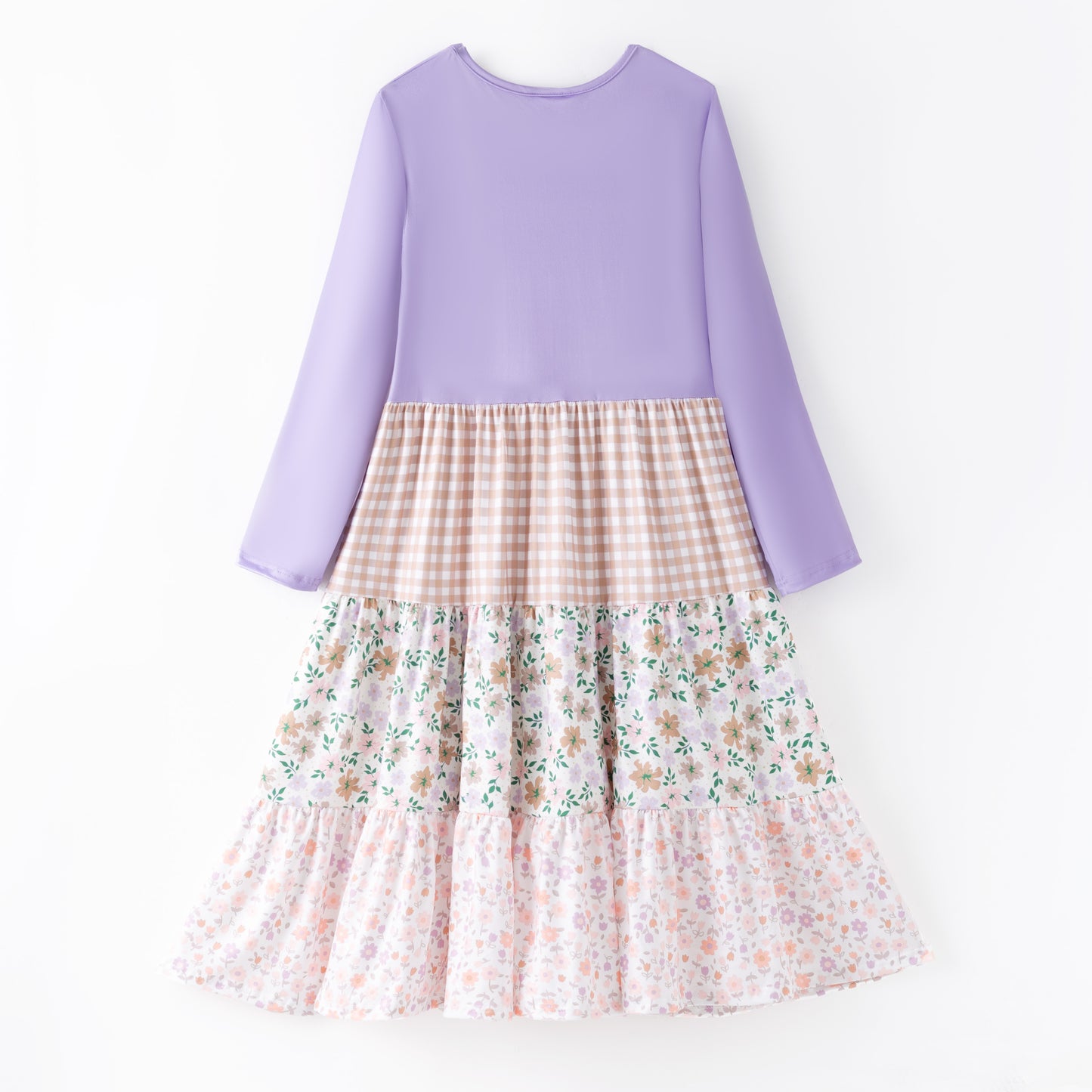 Girls Fall Autumn Lavender Plaid Floral Print Ruffled Long Sleeves Dress