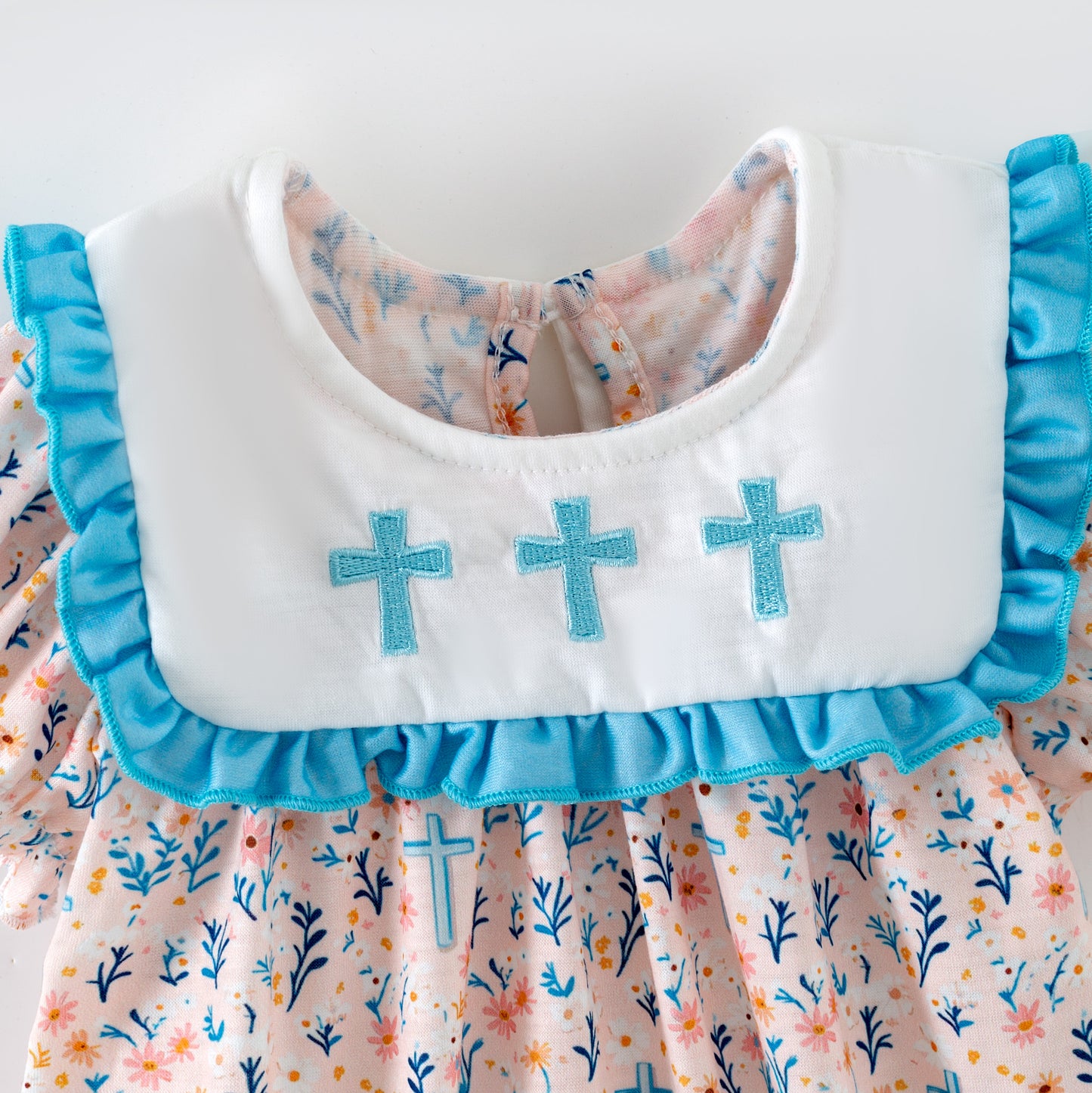 Girls Sister Fall Blue Floral Cross Embroibery Sibling Clothes