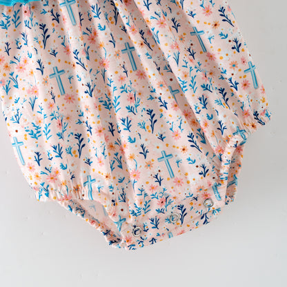 Girls Sister Fall Blue Floral Cross Embroibery Sibling Clothes