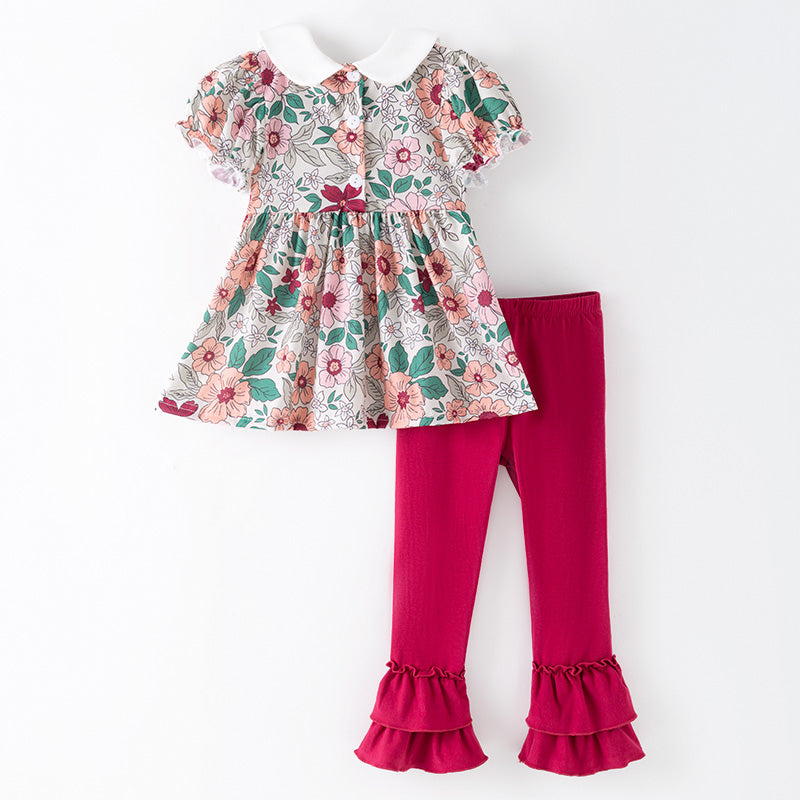 Girls Fall Pink Green Floral Smock Embroidery Pant Set