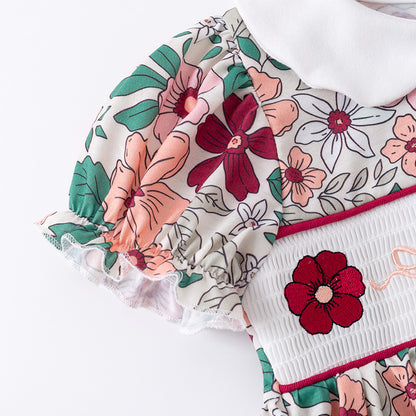 Girls Fall Pink Green Floral Smock Embroidery Dress