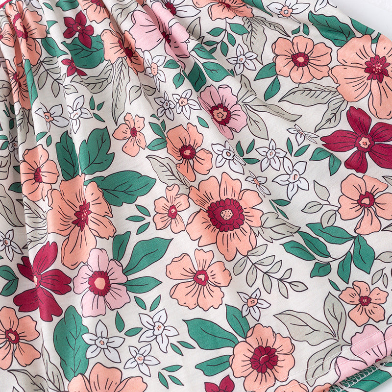 Girls Fall Pink Green Floral Smock Embroidery Dress