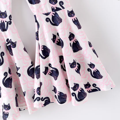Girls 2 Pieces Fall Halloween Cat Pink Bow Print Pant Set