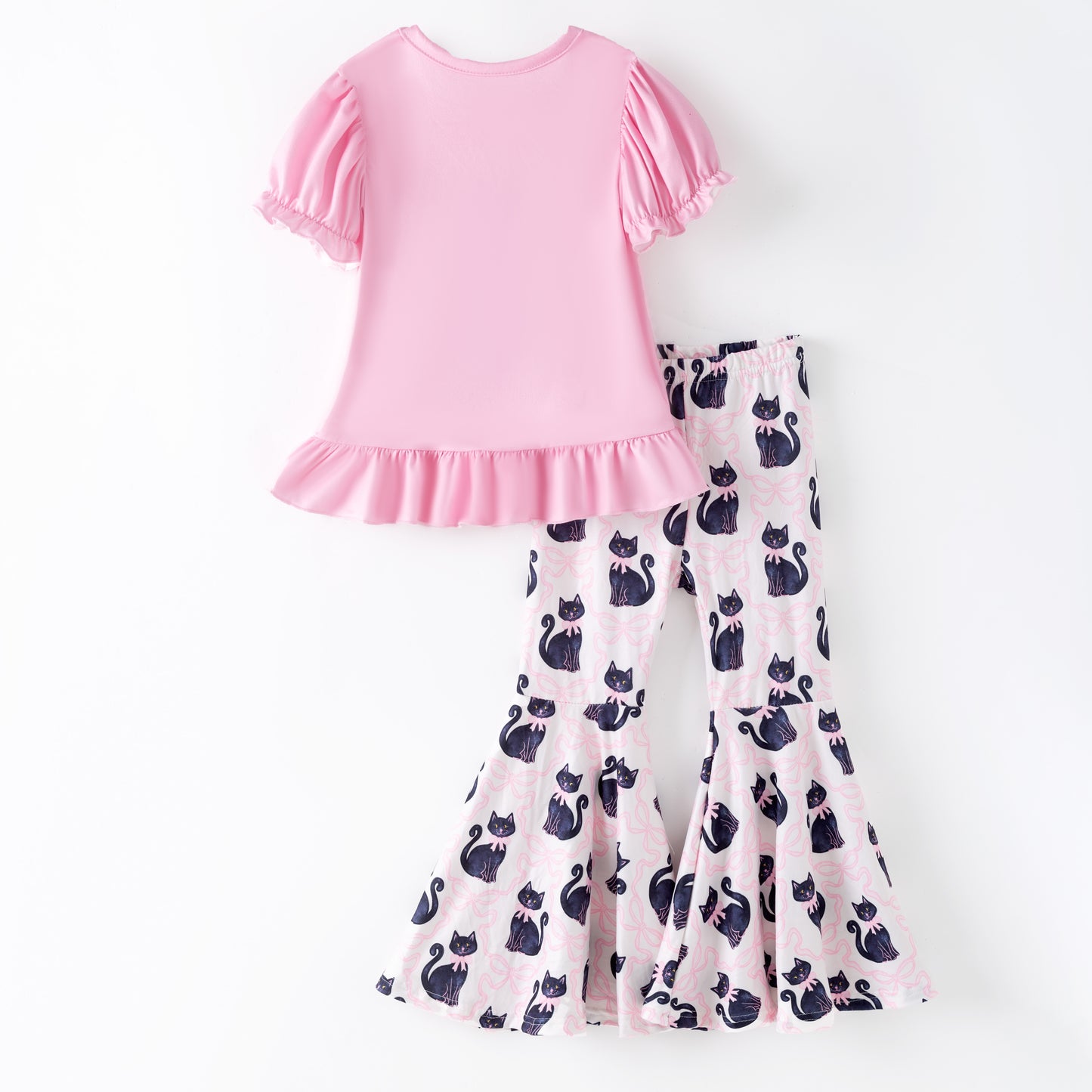 Girls 2 Pieces Fall Halloween Cat Pink Bow Print Pant Set