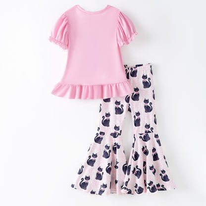 Girls 2 Pieces Fall Halloween Cat Pink Bow Print Pant Set