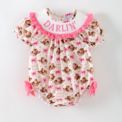 Girls DARLIN Embroidery Smock Cowboy Hat Dress & Bubble