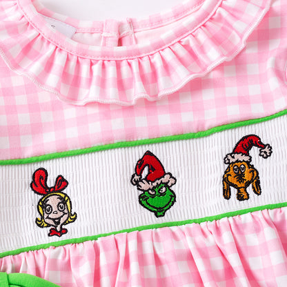 Girls Christmas Pink Plaid Cartoon Embroidery Smock Dress