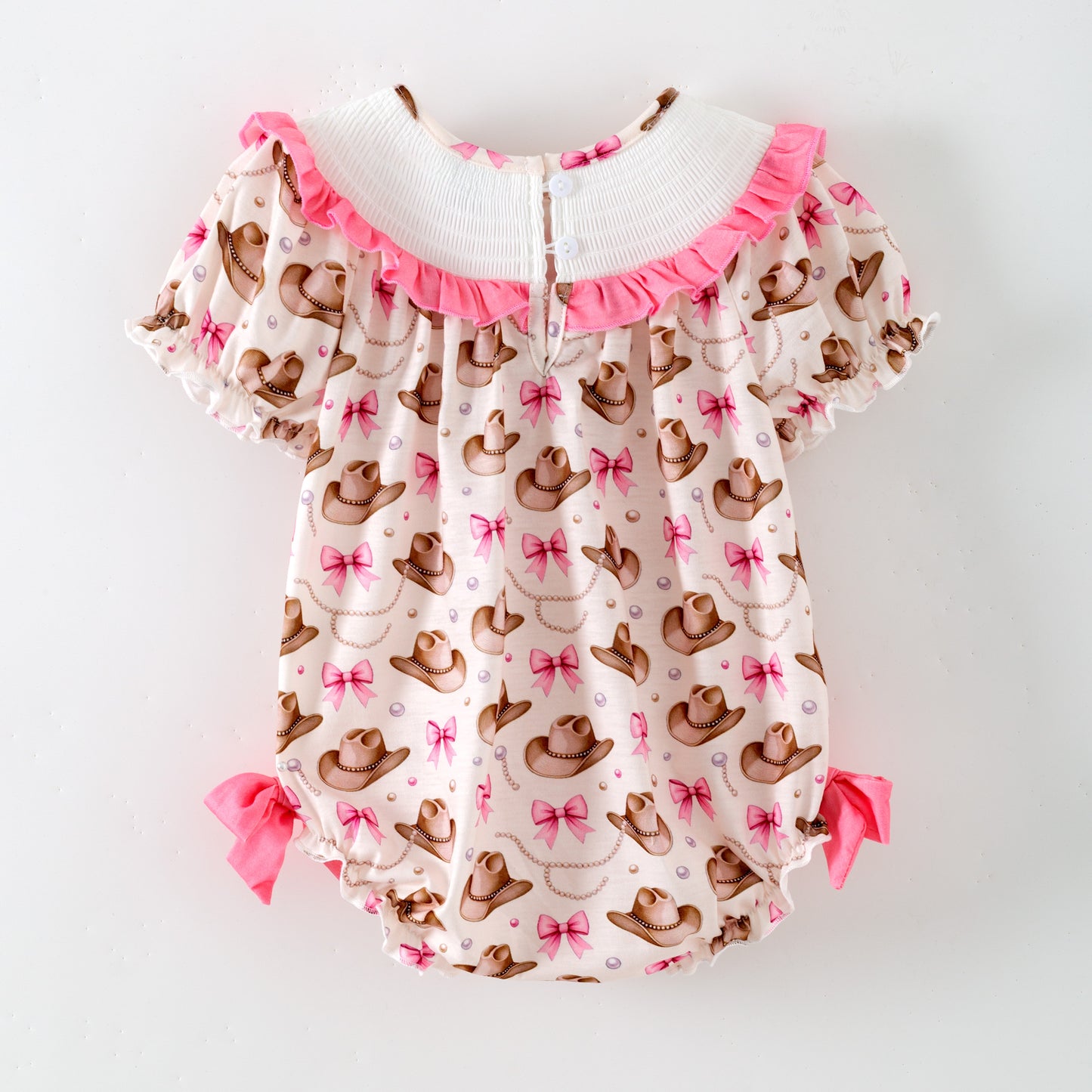 Girls Custom Name Embroidery Smock Cowboy Hat Dress & Bubble