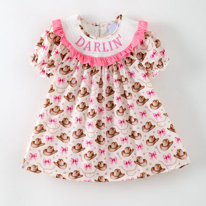 Girls DARLIN Embroidery Smock Cowboy Hat Dress & Bubble