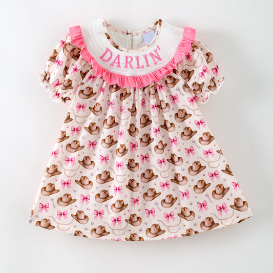 Girls DARLIN Embroidery Smock Cowboy Hat Dress & Bubble
