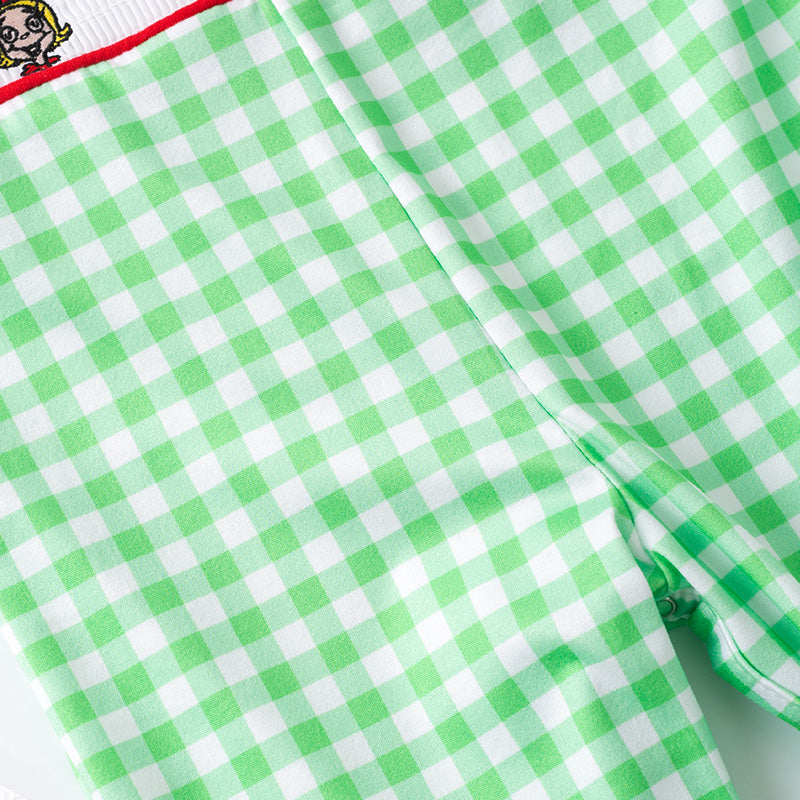 Baby Boys Christmas Green Plaid Cartoon Embroidery Smock Romper