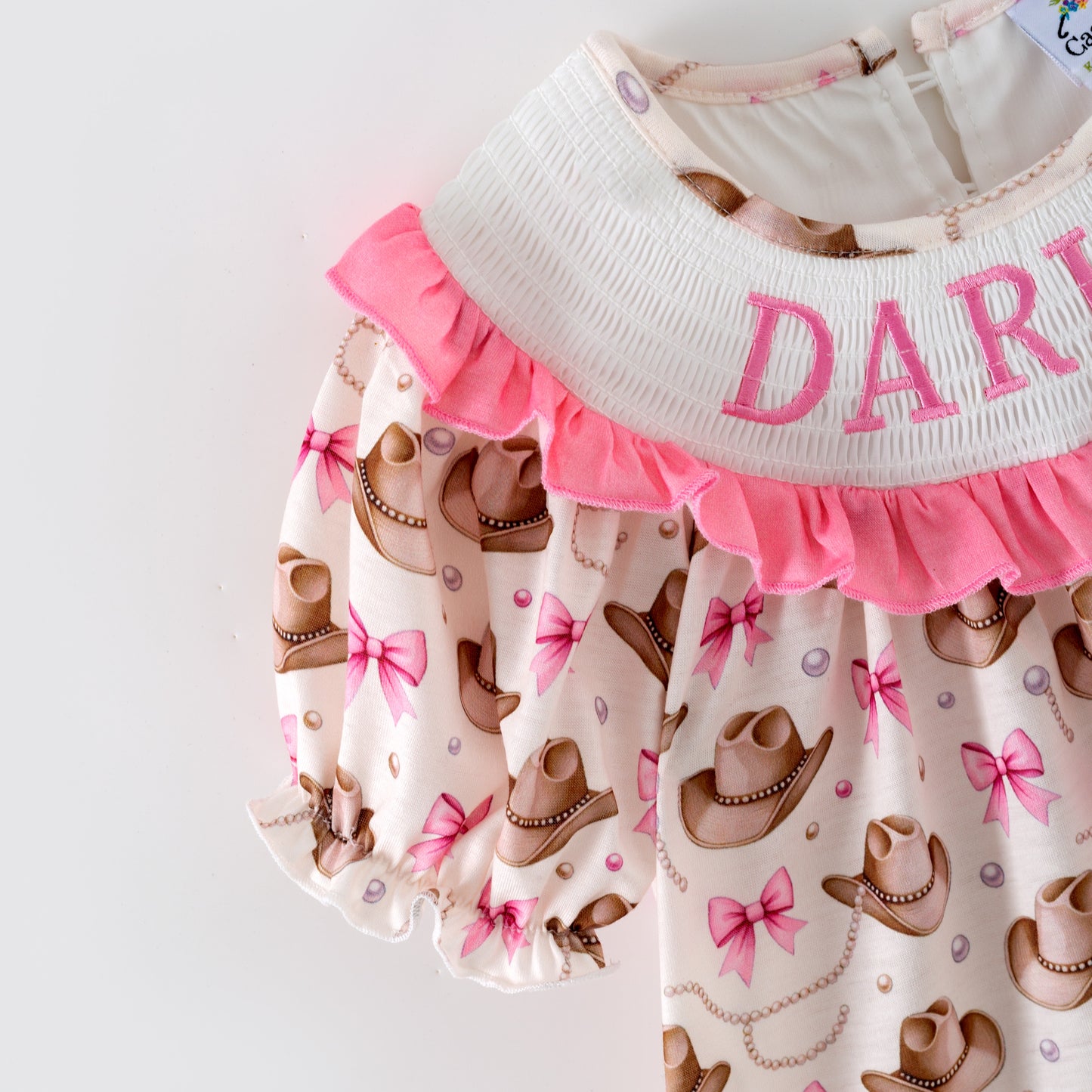 Girls DARLIN Embroidery Smock Cowboy Hat Dress & Bubble