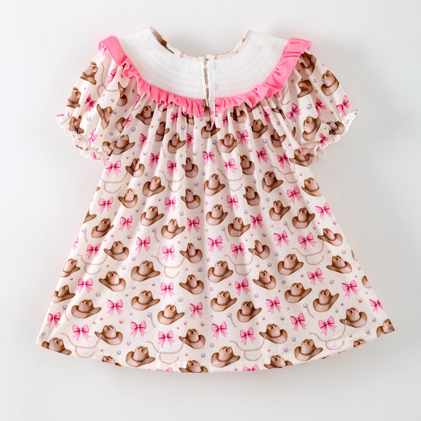 Girls Custom Name Embroidery Smock Cowboy Hat Dress & Bubble