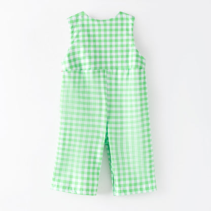 Baby Boys Christmas Green Plaid Cartoon Embroidery Smock Romper