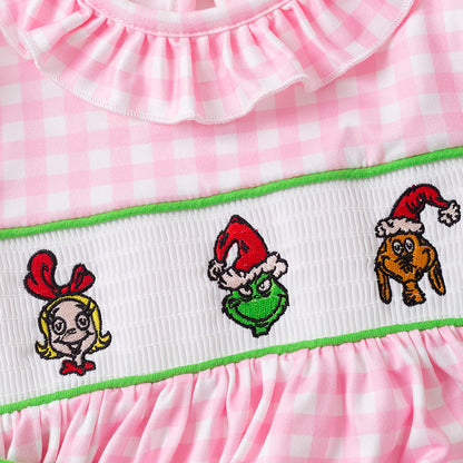Girls Christmas Pink Plaid Cartoon Embroidery Smock Pant Set