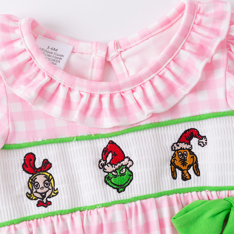Baby Girls Christmas Pink Plaid Cartoon Embroidery Smock Romper