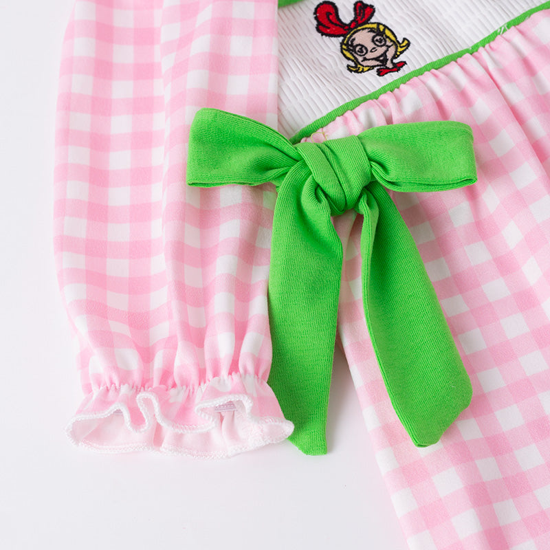 Baby Girls Christmas Pink Plaid Cartoon Embroidery Smock Romper