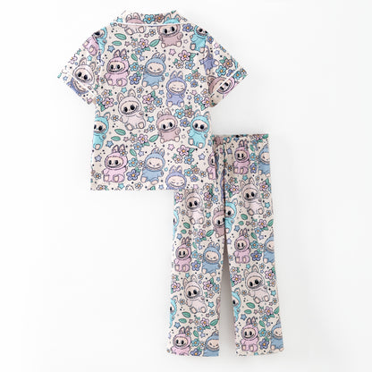 Labubu Print Fall Pajama Set – Soft & Cozy Short Sleeve + Long Pants