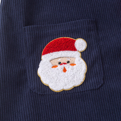 Girls Christmas Navy Santa Embroidery Pocket Dress With Top Set