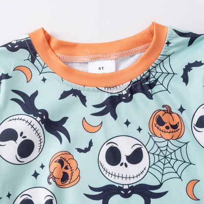 Boys Halloween Pumpkin Skull Print Blue Short Sleeves Top