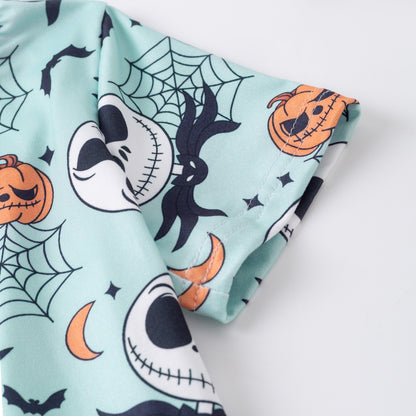 Boys Halloween Pumpkin Skull Print Blue Short Sleeves Top