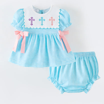 Blessed Easter Cross Embroidered Dress Set | Spring Kids Collection